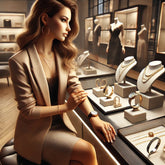 A realistic, high-quality photo of a stylish woman wearing elegant jewellery and a luxury watch. She is seated in a modern boutique setting, admiring